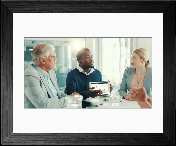 Framed Print : Business people, group and discussion with charts on tablet screen for insurance sales or metrics