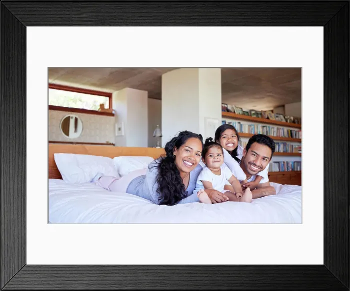 Framed Print : Family, children and happy portrait on mattress with love relationship Framed Print : Family, children and happy portrait on mattress with love relationship