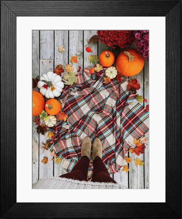 Framed Print : Overhead view of woman's feet on plaid scarf surrounded by fall items Framed Print : Overhead view of woman's feet on plaid scarf surrounded by fall items