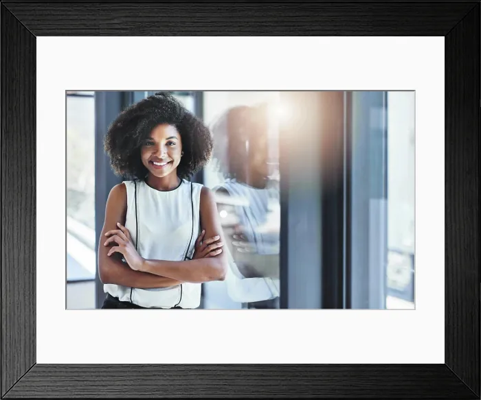 Framed Print : Happy woman, portrait or confident at window for business