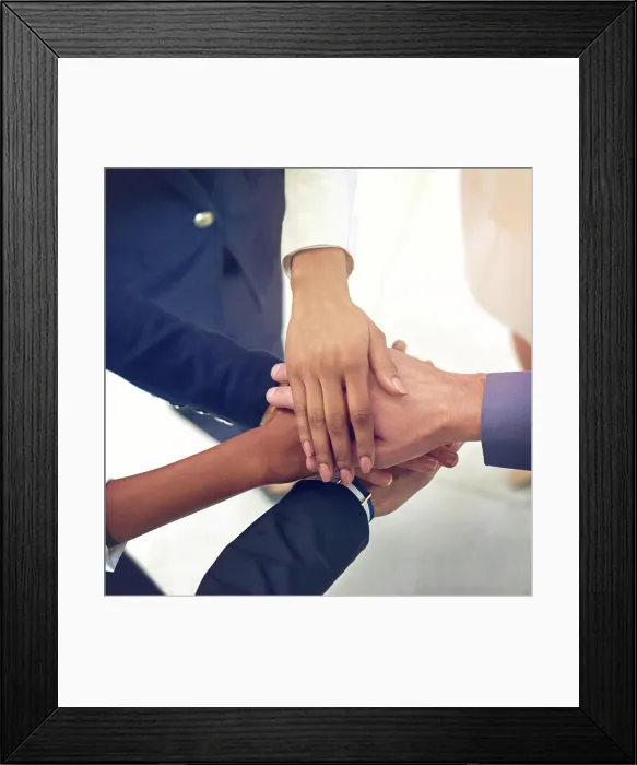 Framed Print : Team building, business and hands in solidarity in office for goal support