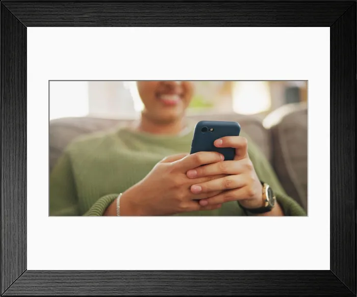 Framed Print : Home phone, hands typing and woman relax Framed Print : Home phone, hands typing and woman relax