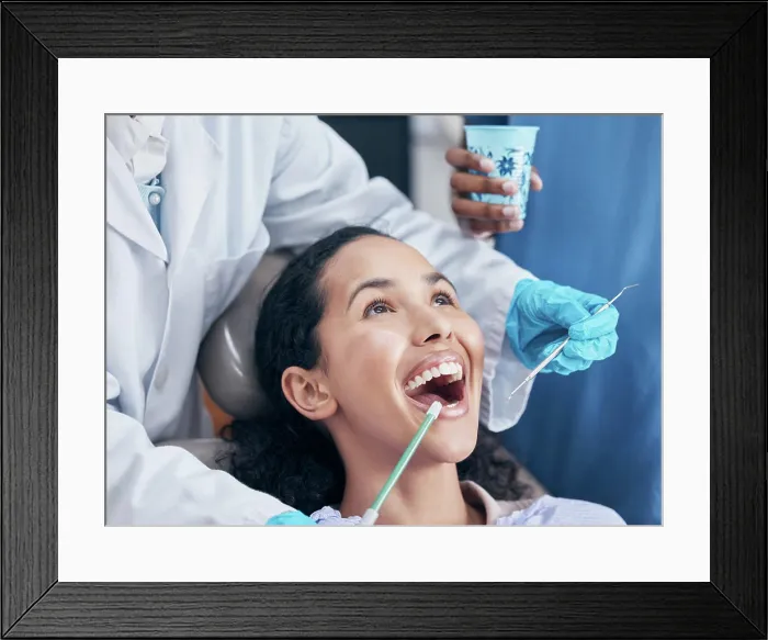 Framed Print : Checkup, woman and dentist with tools