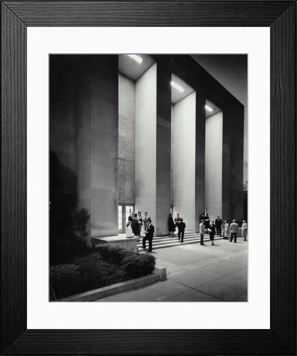 Framed Print : Vintage Photograph. The George Washington University night view of Lisner Auditorium. Students gather outside