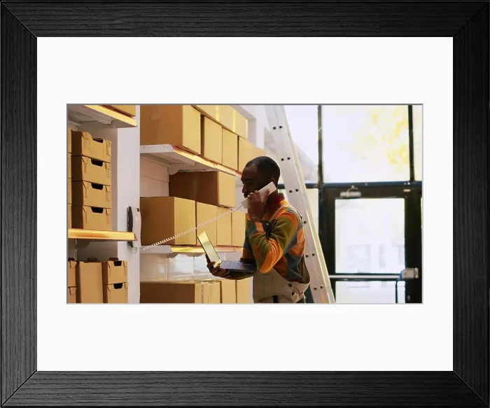 Framed Print : African american man inspecting products