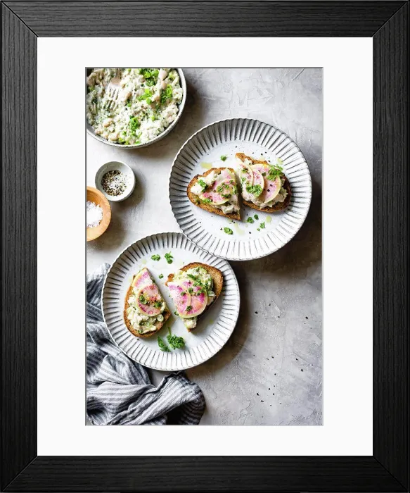 Framed Print : Watermelon Radish White Bean Tartines