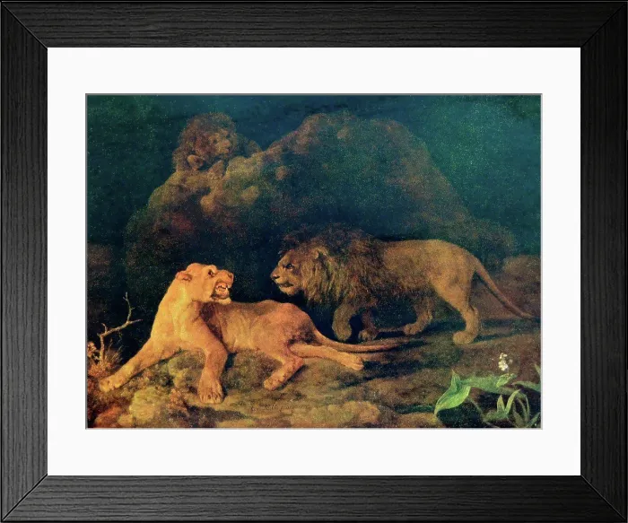 Framed Print : Landscape painting of a Lioness and Lion