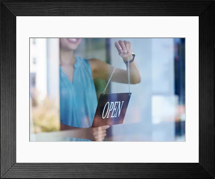 Framed Print : Small business, woman and entrepreneur with open sign excited at professional shop window entrance Framed Print : Small business, woman and entrepreneur with open sign excited at professional shop window entrance