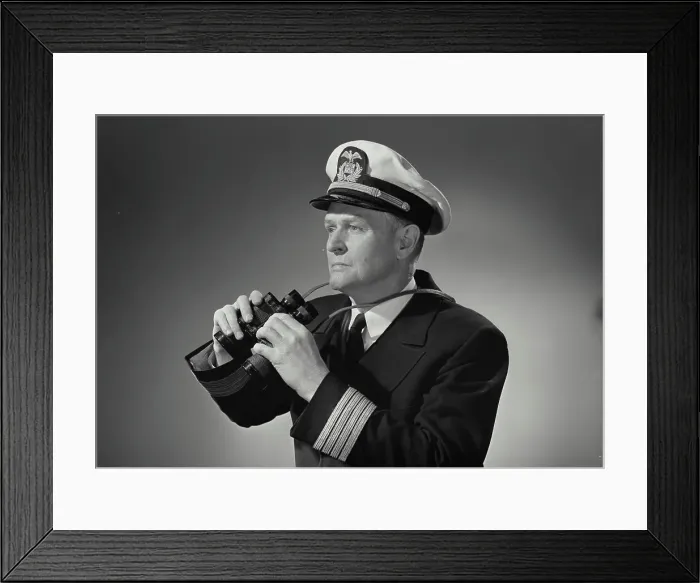 Framed Print : Vintage Photograph. Man in captains uniform holding binoculars around neck