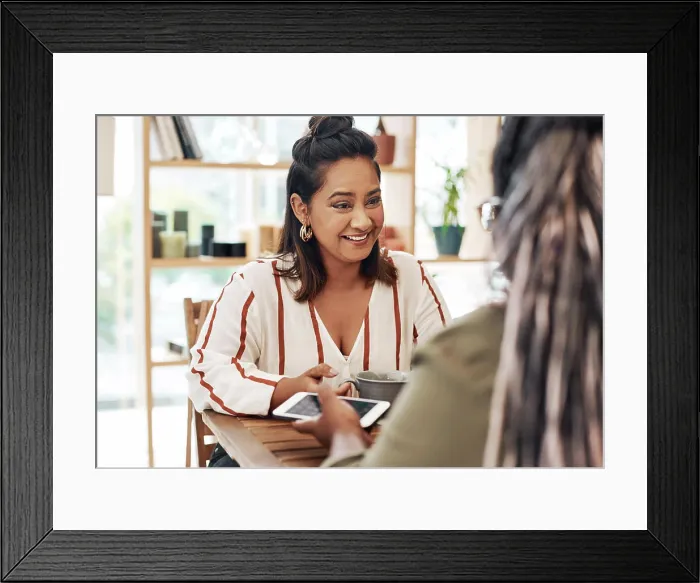 Framed Print : Relax, women and friends in coffee shop for talking Framed Print : Relax, women and friends in coffee shop for talking