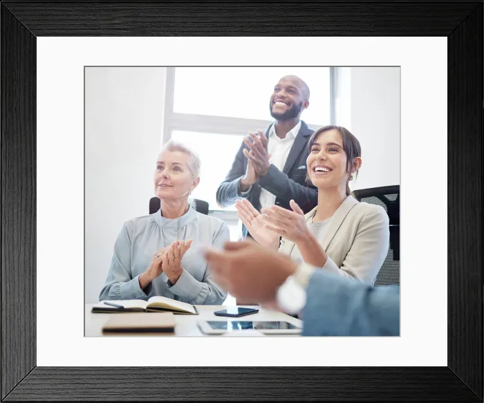 Framed Print : Office, applause and people in business meeting Framed Print : Office, applause and people in business meeting