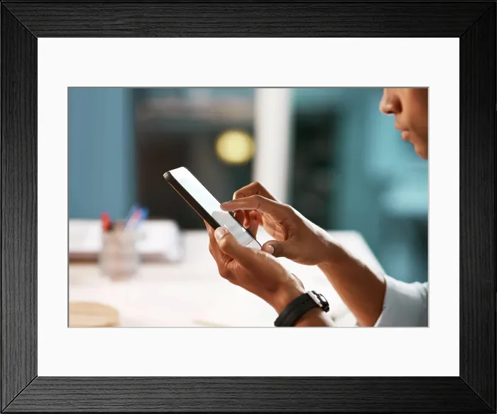 Framed Print : Business, hands and man with phone in office for contact Framed Print : Business, hands and man with phone in office for contact