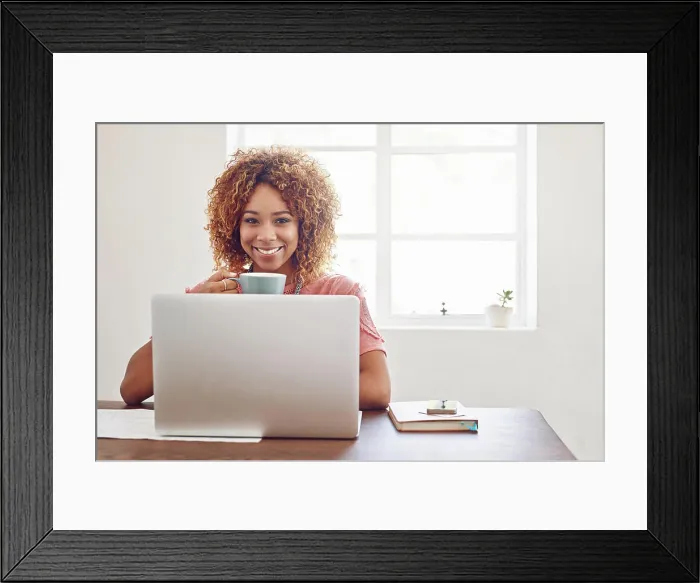 Framed Print : Coffee, portrait or happy woman with laptop for research