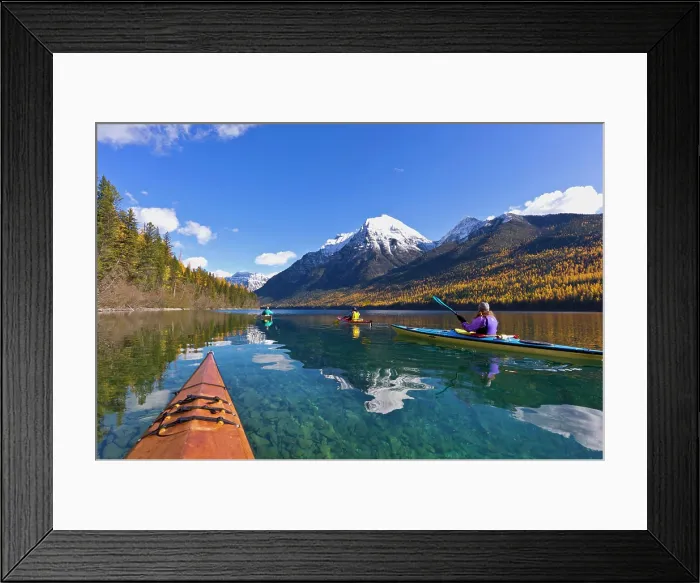 Framed Print : Sea kayaking on Bowman Lake in autumn in Glacier National Park, Montana, USA (MR) Framed Print : Sea kayaking on Bowman Lake in autumn in Glacier National Park, Montana, USA (MR)