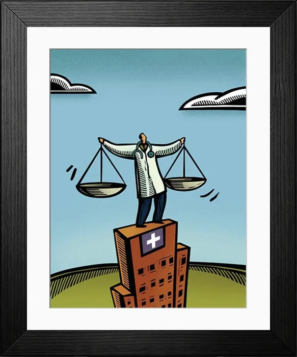Framed Print : Doctor holding a measuring scale while standing on a hospital building Framed Print : Doctor holding a measuring scale while standing on a hospital building