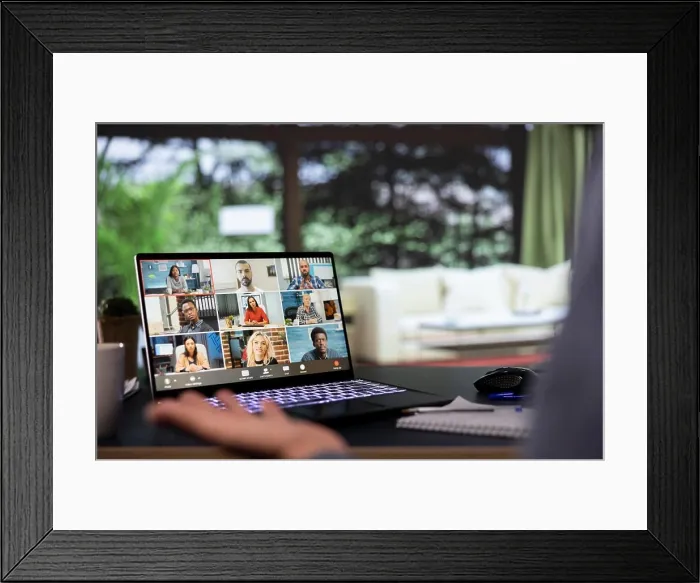 Framed Print : Shareholders on videocall deciding fate of the global company Framed Print : Shareholders on videocall deciding fate of the global company