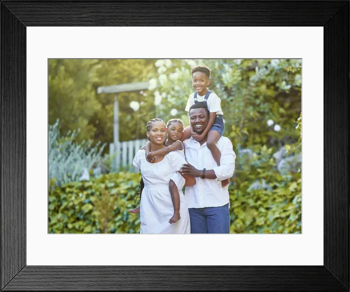 Framed Print : Portrait, mother and father with children on piggyback for bonding Framed Print : Portrait, mother and father with children on piggyback for bonding