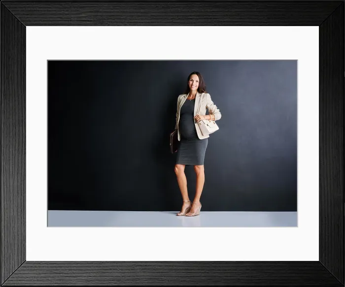 Framed Print : Smile, businesswoman and portrait with pregnancy in studio for finance career Framed Print : Smile, businesswoman and portrait with pregnancy in studio for finance career
