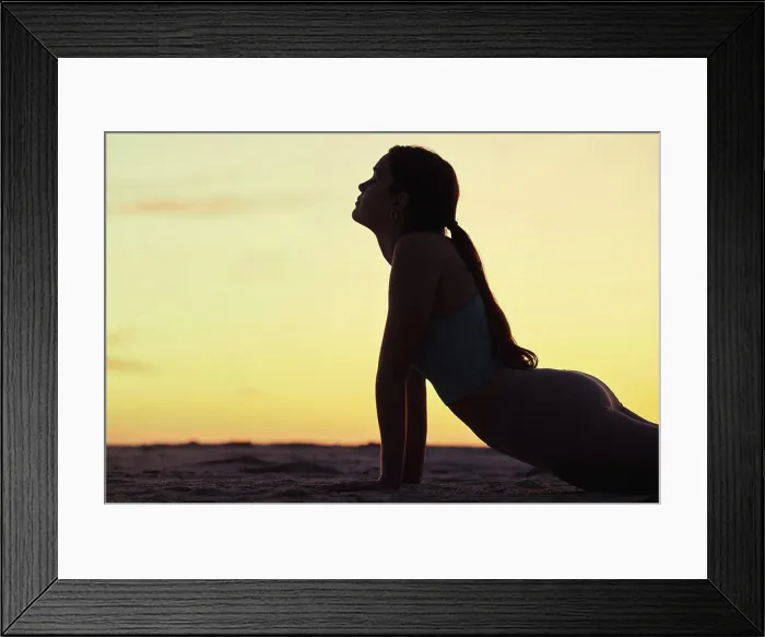 Framed Print : Woman, stretching and silhouette at sunset on beach for yoga