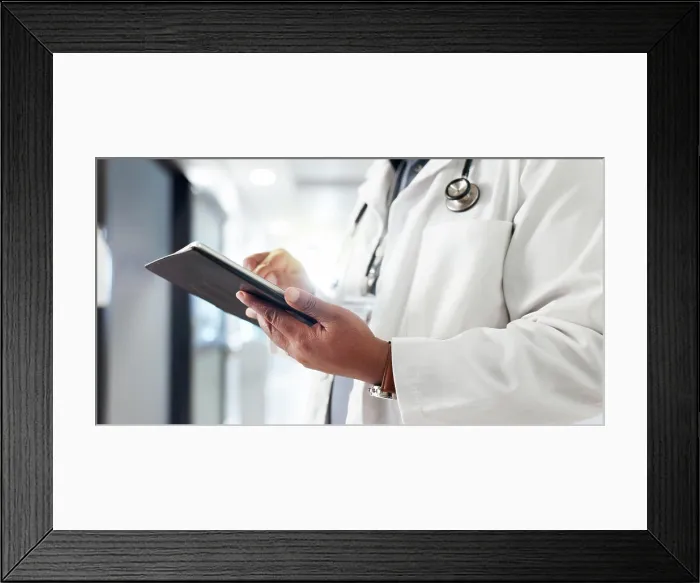 Framed Print : Hands, man or doctor on tablet in hospital for schedule Framed Print : Hands, man or doctor on tablet in hospital for schedule