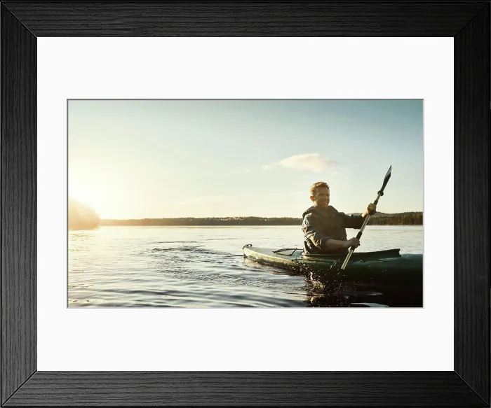 Framed Print : Guy, kayak and boat on lake vacation for sports adventure or nature travel trip Framed Print : Guy, kayak and boat on lake vacation for sports adventure or nature travel trip