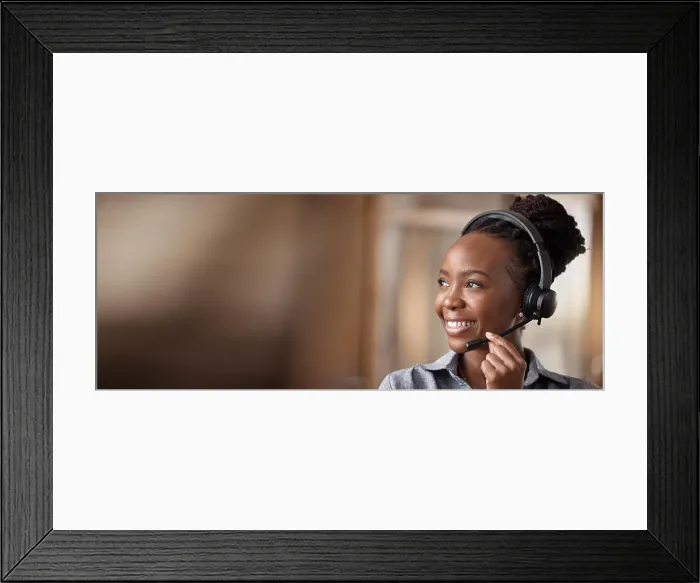 Framed Print : Call center, black woman and smile in contact us with CRM Framed Print : Call center, black woman and smile in contact us with CRM
