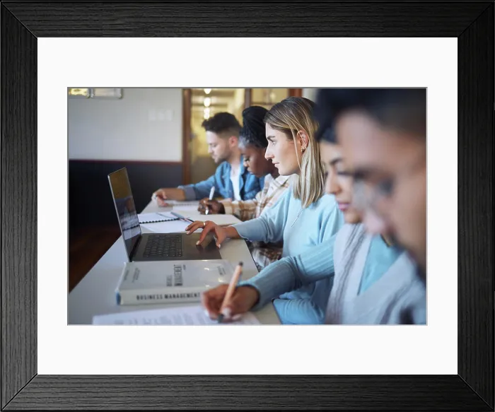 Framed Print : College, laptop and students in classroom lecture for learning Framed Print : College, laptop and students in classroom lecture for learning