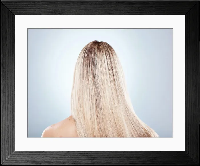 Framed Print : Hair, beauty and keratin with a model woman in studio on a gray background to promote a haircare product Framed Print : Hair, beauty and keratin with a model woman in studio on a gray background to promote a haircare product