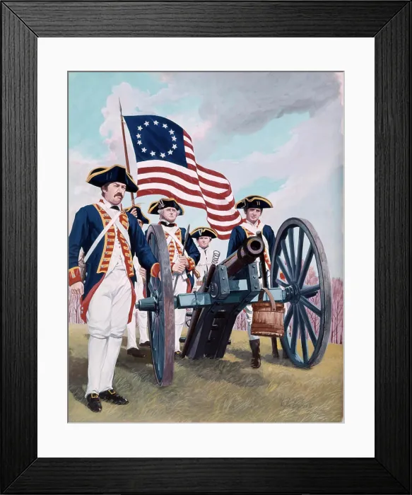 Framed Print : Painting Illustration Of Artillery Cannon Crew Of Soldiers Men American Revolution 1776 Tricorn Hat Uniform Flag Framed Print : Painting Illustration Of Artillery Cannon Crew Of Soldiers Men American Revolution 1776 Tricorn Hat Uniform Flag