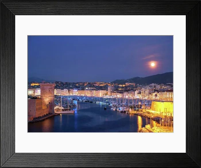 Framed Print : Marseille Old Port and Fort Saint-Jean illumintaed in night with moon Framed Print : Marseille Old Port and Fort Saint-Jean illumintaed in night with moon