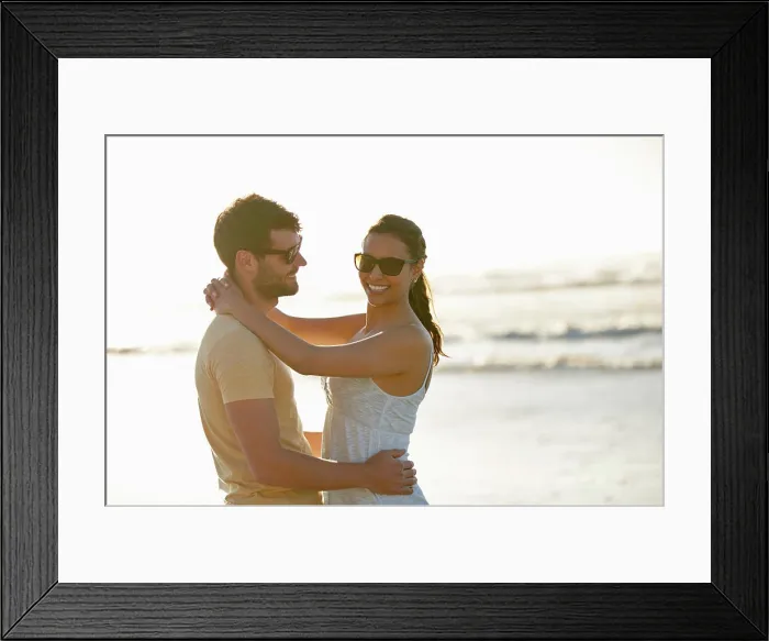 Framed Print : Beach, portrait and couple embrace with sunset