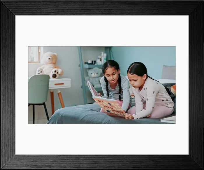 Framed Print : Book, siblings and bedroom with story Framed Print : Book, siblings and bedroom with story