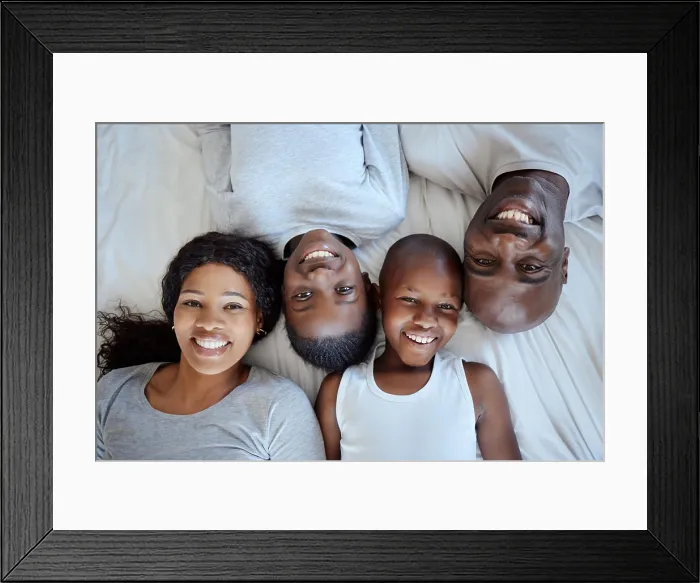 Framed Print : Above, happy kids and black family in bed or portrait with love Framed Print : Above, happy kids and black family in bed or portrait with love
