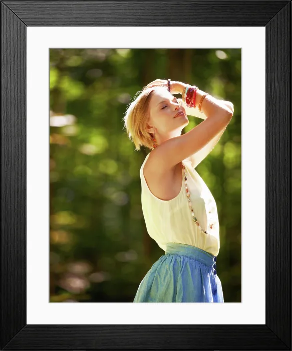Framed Print : Forest, thinking and woman with sunshine Framed Print : Forest, thinking and woman with sunshine