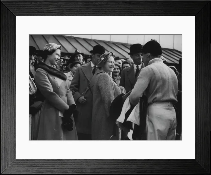 Framed Print : Queen Mother Congratulates Her Jockey:Happy Group in the Unsaddling Enclosure at Hurst Park