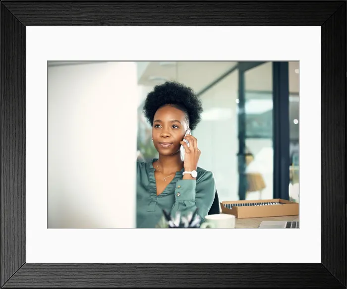 Framed Print : Phone call, black woman and business accountant on computer in conversation with contact