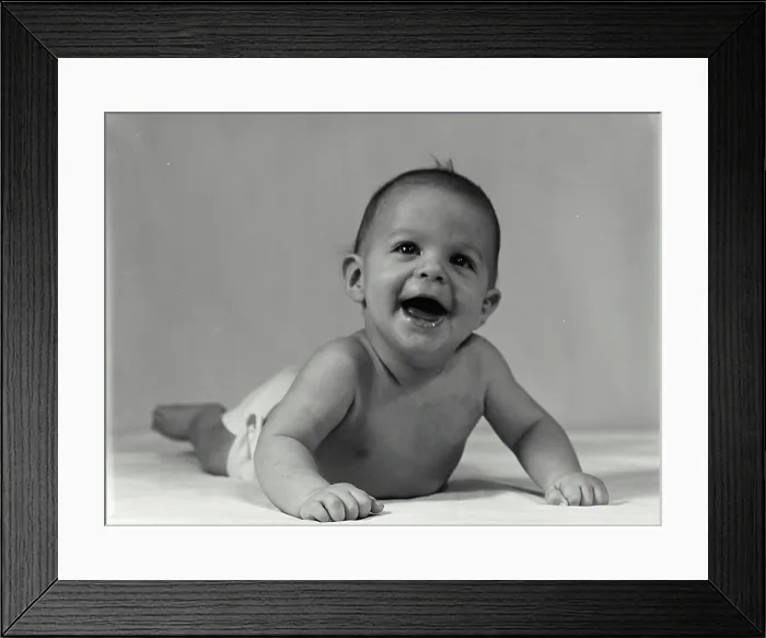 Framed Print : Vintage Photograph. Baby laughing in diaper Framed Print : Vintage Photograph. Baby laughing in diaper