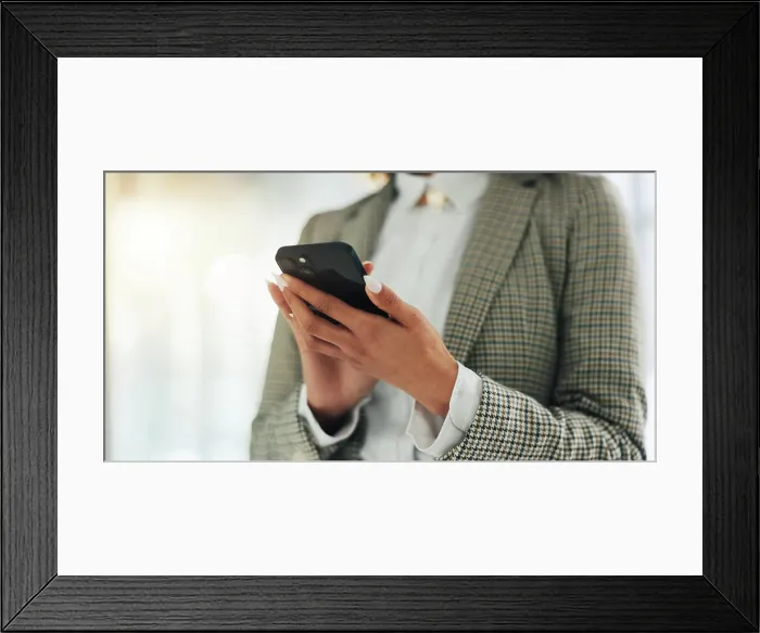 Framed Print : Phone, hands and businesswoman in office with networking