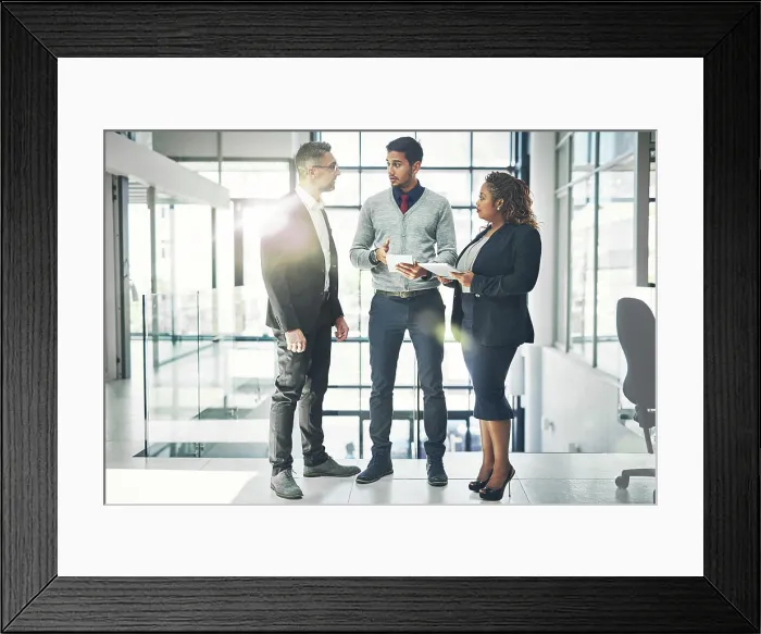 Framed Print : Business, people or meeting in lobby with tablet Framed Print : Business, people or meeting in lobby with tablet
