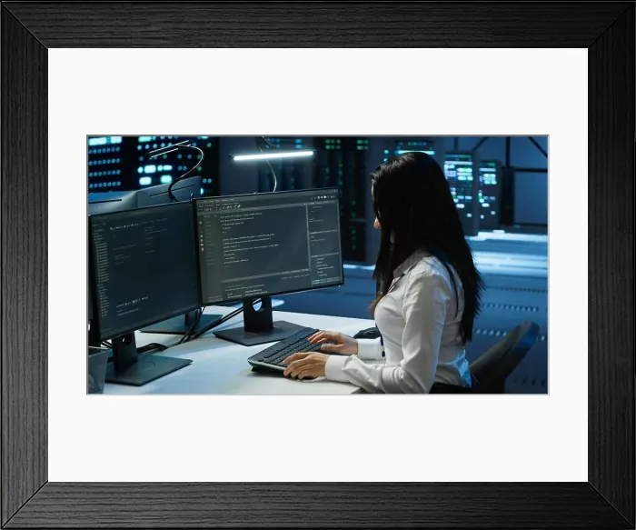 Framed Print : Engineer in data center sitting down at desk
