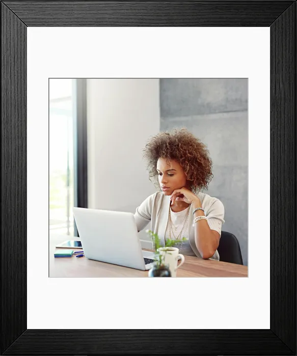 Framed Print : Laptop, research and reading with business woman in office for paid media specialist Framed Print : Laptop, research and reading with business woman in office for paid media specialist