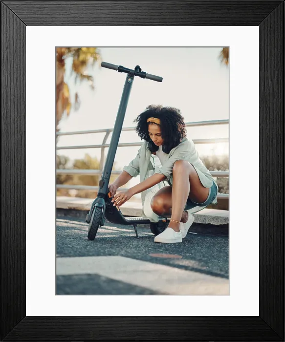 Framed Print : Black woman, ebike and sustainable travel in city