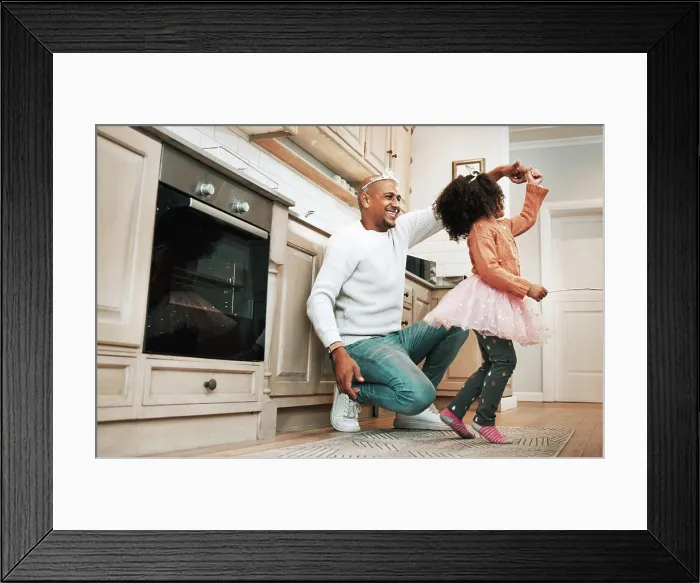 Framed Print : Child, ballet dance twirl and happiness of girl and father together bonding with dancing in the kitchen Framed Print : Child, ballet dance twirl and happiness of girl and father together bonding with dancing in the kitchen
