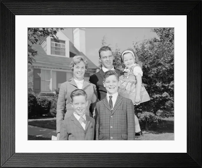 Framed Print : 1960S Family Portrait Father Mother Two Sons And Daughter In Front Of Suburban House