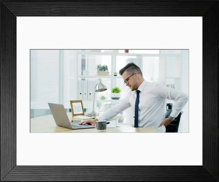 Framed Print : Businessman, back pain and laptop at office Framed Print : Businessman, back pain and laptop at office