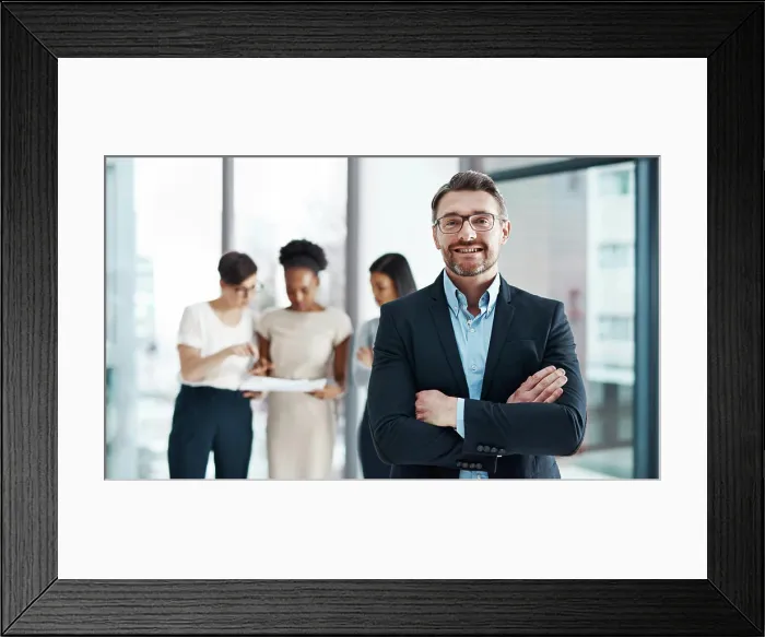Framed Print : Portrait, man and smile with arms crossed at office on teamwork and collaboration Framed Print : Portrait, man and smile with arms crossed at office on teamwork and collaboration
