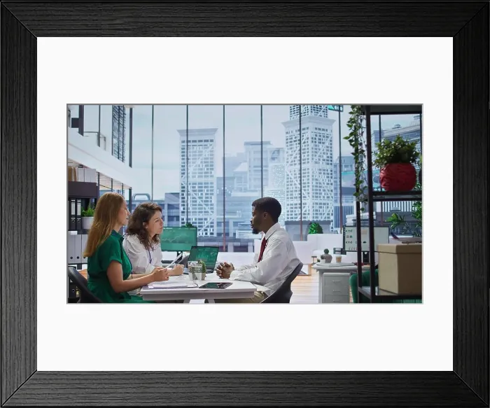 Framed Print : Recruitment team conducts an interview with a professional job applicant Framed Print : Recruitment team conducts an interview with a professional job applicant