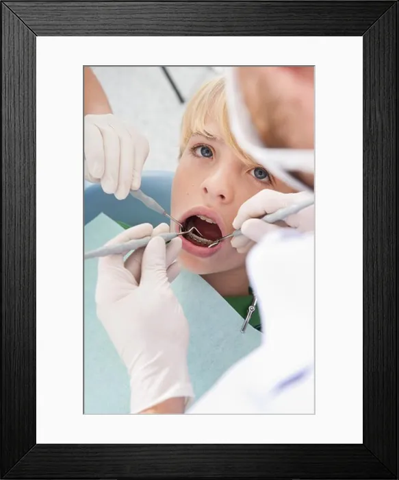 Framed Print : Dentist and Hygienist checking Boy's Teeth during Appointment, Germany Framed Print : Dentist and Hygienist checking Boy's Teeth during Appointment, Germany