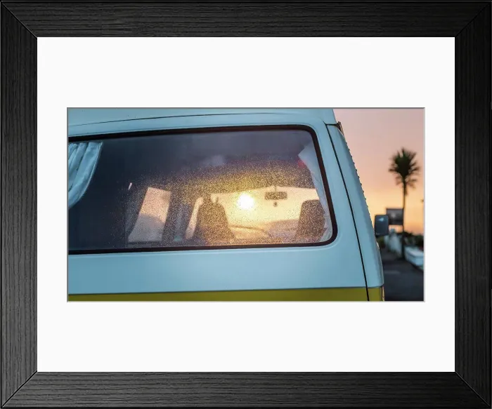 Framed Print : View of sunrise and camper van, tropics Framed Print : View of sunrise and camper van, tropics