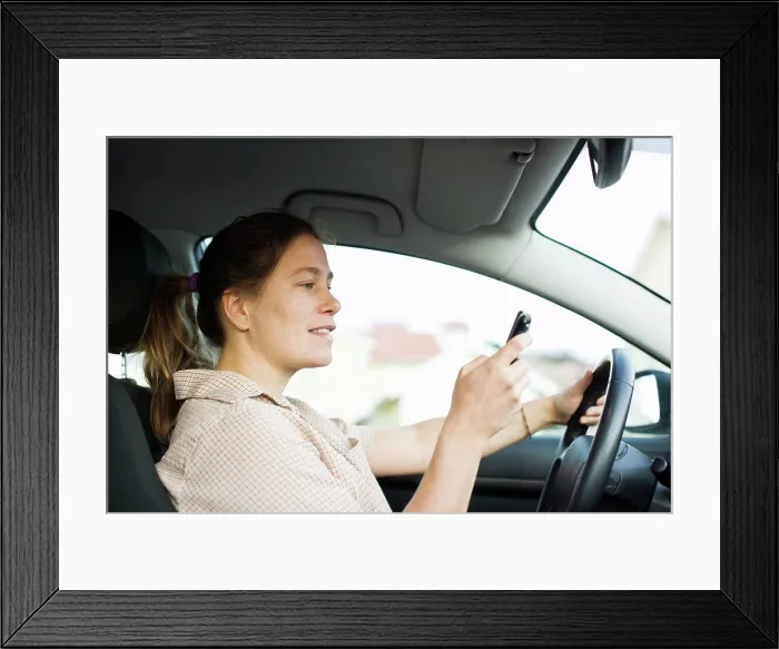 Framed Print : Mid adult woman dialing on mobile phone while driving Framed Print : Mid adult woman dialing on mobile phone while driving